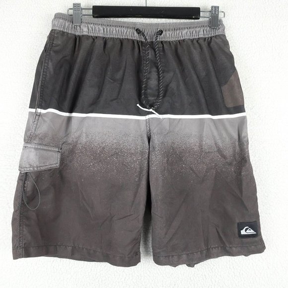 Quiksilver Swim Trunks Mens Small Gray Black Cargo Pocket Lined Beach Surf Swim - Picture 1 of 10